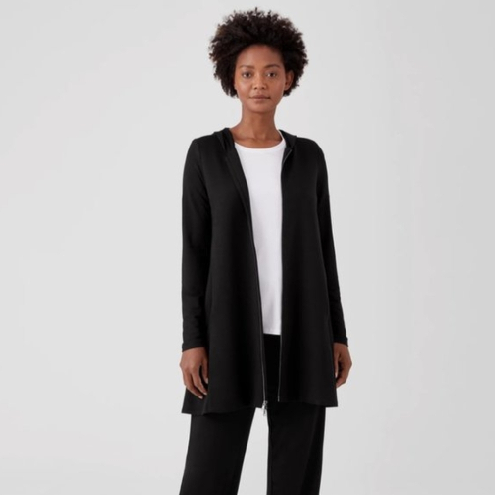 Eileen Fisher Black Cotton. Lightweight Terry Long Zip Jacket